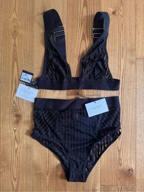 Sheer Striped Bralette and High-Waist Brief Set - Black